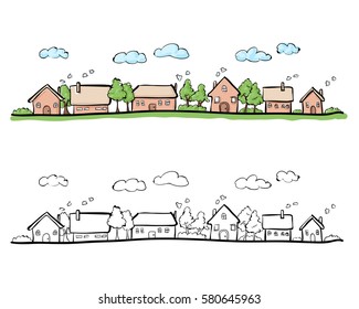 Cartoon hand drawing of small town, rural area. Vector on white background.
