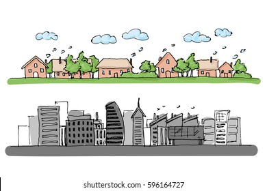 Cartoon Hand Drawing Of Small Town, Rural Area Compare With Big City, Urban Area. Vector On White Background.