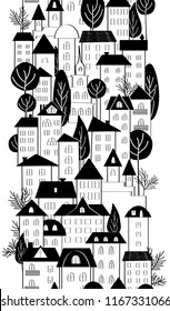 Cartoon hand drawing town houses and trees seamless border. Black and white