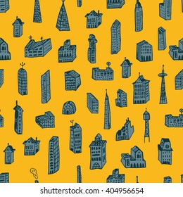 Cartoon hand drawing town houses seamless pattern background vector. 