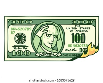 Cartoon hand drawn 100 dollar bill on fire with Franklin holding head in hands. Financial crisis, money loss. Isolated vector clip art illustration.