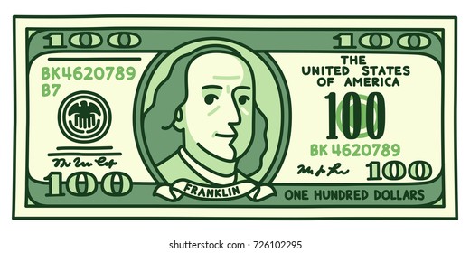 Cartoon hand drawn 100 dollar bill with stylized Franklin portrait. Play money or fake banknote vector illustration.