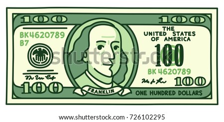 Cartoon hand drawn 100 dollar bill with stylized Franklin portrait. Play money or fake banknote vector illustration.