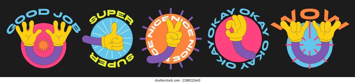 Cartoon hand drawn abstract comic. Set of multicolored hand signs and symbols. Stickers in retro style. Vector illustration