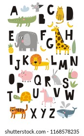 Cartoon hand drawn alphabet. Children. baby lettering. Cartoon animals. Cute wild animals. Lion, elephant, giraffe, crocodile, turtle, whale