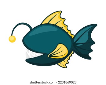 Cartoon Hand Drawn Angler Fish Sea Animals Doodle Sticker Graphic Illustration for Undersea Animal Decoration Elements Isolated on White Background