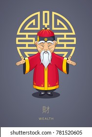 Cartoon hand drawn Asian gray-haired wise old man in national clothes with ornament and hat on background of symbol wealth. Chinese man stands with folded arms in gesture. Concept for Chinese New Year