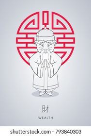 Cartoon hand drawn Asian gray-haired wise old man in national clothes with ornament and hat on background of symbol wealth. Chinese man stands with folded arms in gesture.