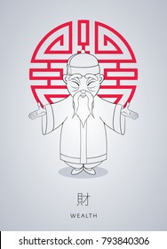 Cartoon hand drawn Asian gray-haired wise old man in national clothes with ornament and hat on background of symbol wealth. Chinese man stands with folded arms in gesture.