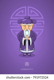Cartoon hand drawn Asian wise old man in traditional clothes on background color of the year, ultra violet. Chinese man stands with folded arms in gesture. Concept for Chinese New Year Illustration.