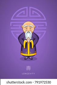 Cartoon hand drawn Asian wise old man in traditional clothes on background color of the year, ultra violet. Chinese man stands with folded arms in gesture. Concept for Chinese New Year Illustration.