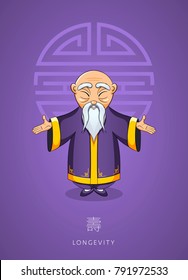 Cartoon hand drawn Asian wise old man in traditional clothes on background color of the year, ultra violet. Chinese man stands with folded arms in gesture. Concept for Chinese New Year Illustration.