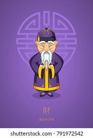 Cartoon hand drawn Asian wise old man in traditional clothes on background color of the year, ultra violet. Chinese man stands with folded arms in gesture. Concept for Chinese New Year Illustration.