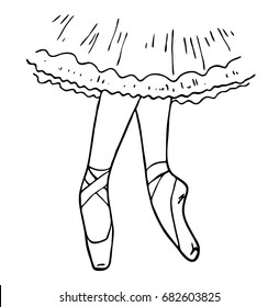 Cartoon hand drawn ballet illustration. Legs of ballerina in pointe shoes. Vector silhouette of ballet dancer isolated on white background. Hand-drawn monochrome black and white background, EPS 10.