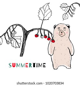 Cartoon hand drawn bear. Sprig of strawberry with berries and leaves. Style of children's drawings. Childish print for nursery, kids apparel,poster, postcard.