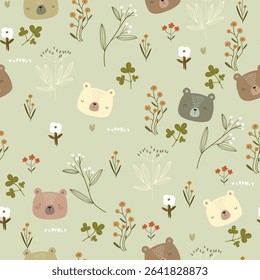 Cartoon hand drawn bears, flowers, and hearts. Vector illustration with cute animals and plants, seamless pattern.