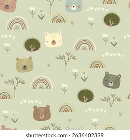 Cartoon hand drawn bears, plants, and rainbows. Vector illustration with cute animals and plants, seamless pattern.