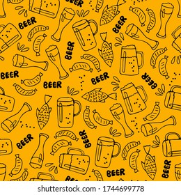 Cartoon hand drawn Beer fest seamless pattern. Black linear vector doodle on yellow background. Beer Mug, glass, Bavarian sausage, fish, Lettering. Oktoberfest festival.