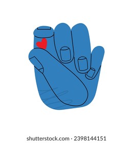Cartoon hand drawn big blue hand with small red heart. Colorful flat vector illustration isolate on a white background. Vector illustration EPS 10.
