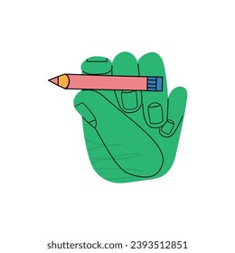 Cartoon hand drawn big green hand with pink pencil. Colorful flat vector illustration isolated on white background. Concept of idea, creation and work. Vector illustration EPS 10