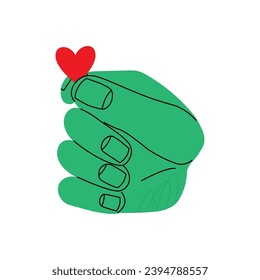 Cartoon hand drawn big green hand with small red heart. Love and care concept. Colorful flat vector illustration isolated on white background. Vector illustration EPS 10.
