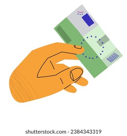 Cartoon hand drawn big yellow hand with banknote. Colorful flat vector illustration isolate on a white background. Money, wealth and resource conception. Vector illustration EPS 10.