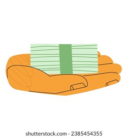 Cartoon hand drawn big yellow hand with pile of banknote. Colorful flat vector illustration isolate on a white background. Money, wealth and resource conception. Vector illustration EPS 10.