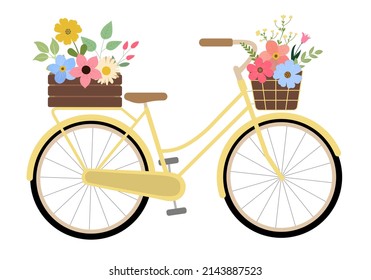 Cartoon hand drawn bike with colorful spring flowers in wood crate and basket. Isolated on white background. Retro bike carrying basket, crate with flowers and plants. Vector illustration.