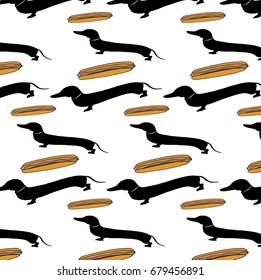 Cartoon hand drawn black dachshunds with hot dogs seamless pattern. Vector illustration. 