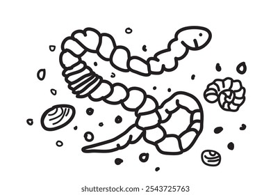 Cartoon hand drawn black outline worm isolated on white background artistic vector illustration. Line art graphic design for children coloring book invitation greeting card flyer banner event