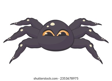 Caricatura dibujada a mano araña negra aislada. Cute doodle tarantula closeup. Sombrío insecto exótico con ojos amarillos. Ilustración plana vectorial para Halloween, impresión, publicidad de insectos, arácnidos de aprendizaje