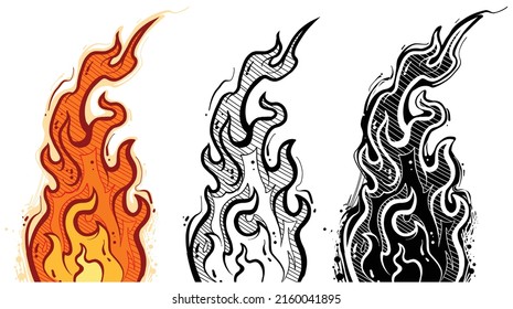 Cartoon hand drawn burning orange fire flames sketch. Isolated on white background. Power, fuel and energy symbol. Layered vector icon set.