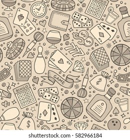 Cartoon hand drawn casino, games seamless pattern. Lots of symbols, objects and elements. Perfect funny vector background.