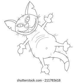 Cartoon hand drawn cat with mischievous sharp-toothed smile, sketch illustration.