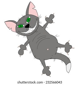 Cartoon hand drawn cat with mischievous sharp-toothed smile, sketch illustration.