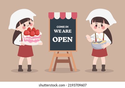 Cartoon hand drawn character cute chef in bakery shop. Character vector design.