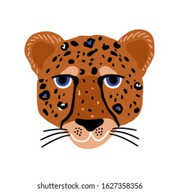 Cartoon hand drawn cheetah head . African modern vector illustration of leopard head isolated on white.