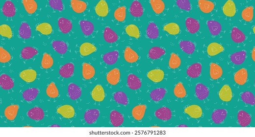 Cartoon hand drawn chickens. Seamless pattern. Repeating funny colorful background. Easter design. Animals, doodle style drawings. Poultry.