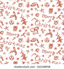 Cartoon hand drawn christmas icons of orange color background.