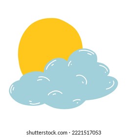 Caricatura nubes dibujadas a mano y sol. Ilustración vectorial del pronóstico del tiempo, fenómenos naturales al estilo infantil.