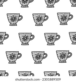 Cartoon hand drawn coffee, tea seamless pattern.