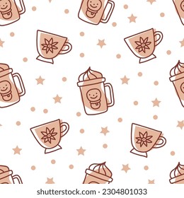 Cartoon hand drawn coffee, tea seamless pattern.