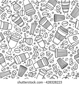 Cartoon hand drawn coffee, tea seamless pattern. Lots of symbols, objects and elements. Perfect funny vector background.
