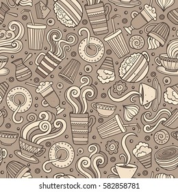 Cartoon hand drawn coffee, tea seamless pattern. Lots of symbols, objects and elements. Perfect funny vector background.