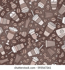 Cartoon hand drawn coffee, tea seamless pattern. Lots of symbols, objects and elements. Perfect funny vector background.