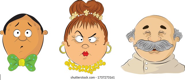 Dibujo a mano ilustraciones coloreadas de diferentes expresiones faciales, temerosas, molestas y felices