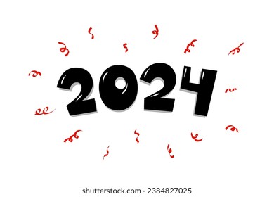 Cartoon hand drawn comic text lettering number with confetti. Happy New Year 2024 and Merry Christmas holiday greeting card design. Xmas vector eps illustration on white background