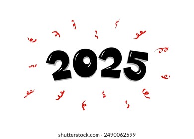 Cartoon hand drawn comic text lettering number with confetti. Happy New Year 2025 and Merry Christmas holiday greeting card design. Xmas vector eps illustration on white background