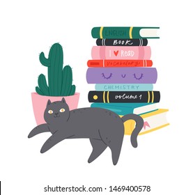 Cartoon hand drawn cozy Illustration of books and cats with calligraphy text. Lettering  quotes and drawing object for read lovers on white background. Reading motivation for design, cards, posters