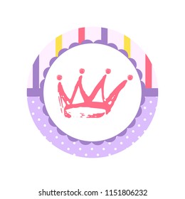 Cartoon hand drawn Crown icon for a little Princess or Prince. Baby shower tag, sticker for shop advertising. Vector illustration isolated on white background